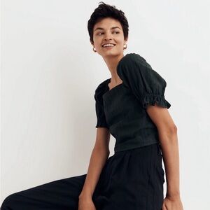 Madewell Hopewell Puff-Sleeve Crop Top in Stripe, Size S, Dark Palm color